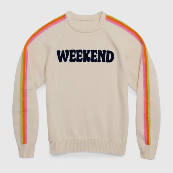 Cream Weekend Knit Sweater With Blue Lettering & Pink, Orange & Yellow Stripes - Picture 2 of 4